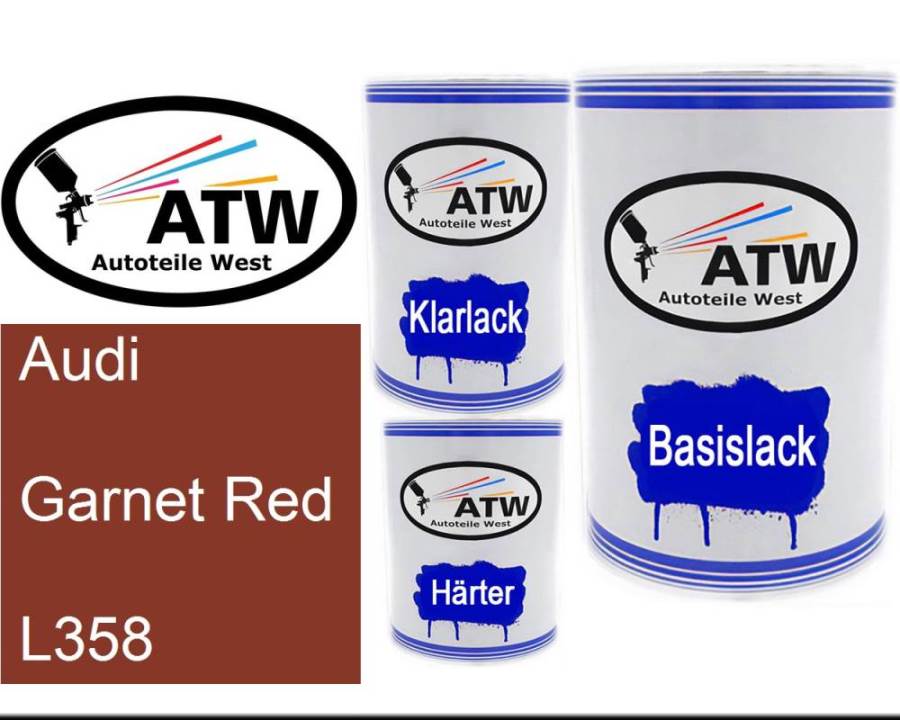 Audi, Garnet Red, L358: 500ml Lackdose + 500ml Klarlack + 250ml Härter - Set, von ATW Autoteile West.